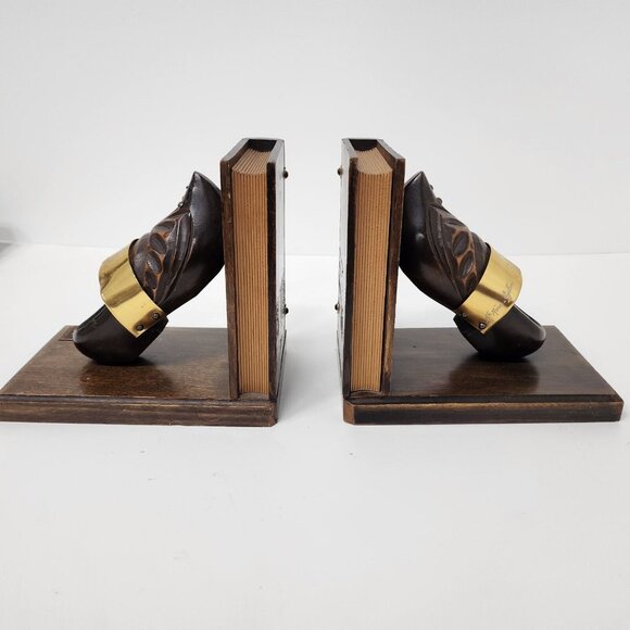 Vintage Normandie Wood Clog Shoes Design Bookends Pair Brown Rustic Primitive - Picture 2 of 13
